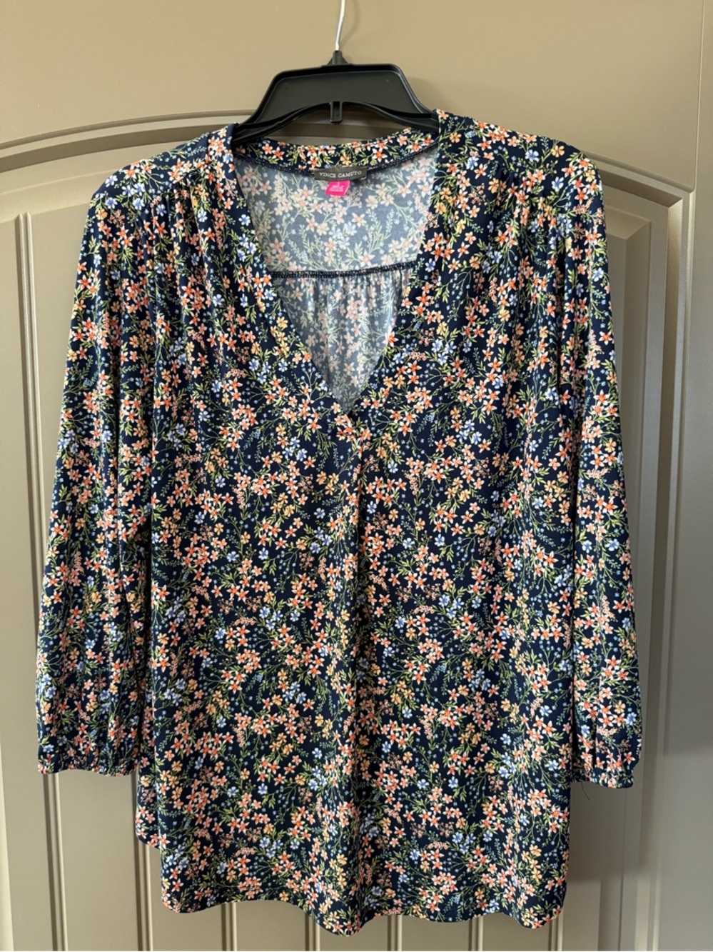 Vince Camuto Navy Floral V-Neck Women's Top